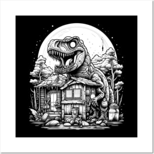 Scary White Night of T Rex Dinosaur Attack Posters and Art